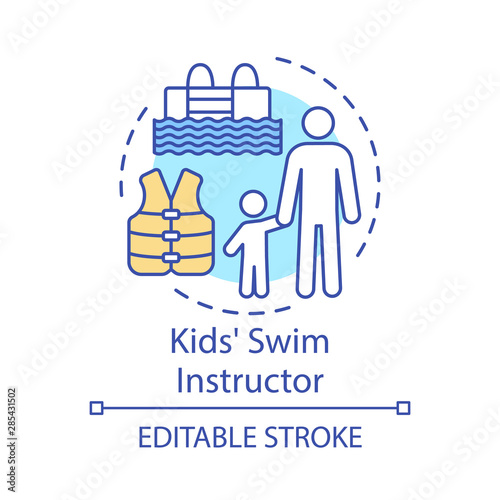 Kids swim instructor concept icon. Swimming teacher, coach idea thin line illustration. Educator, trainer. Safety vest. Swimming lesson. Vector isolated outline drawing. Editable stroke