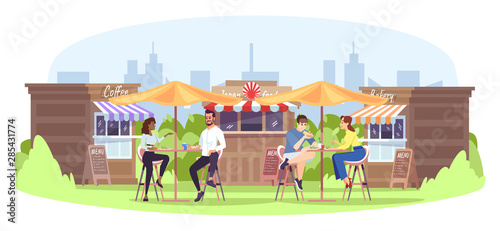 Park cafe flat vector illustration. Summer weekend outdoor rest in town. Fastfood kiosks, visitors, People chatting, eating at street food restaurant isolated cartoon characters on white background