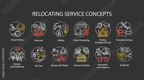 Relocating services chalk concept icons set. Moving house, changing dwelling place idea. Living conditions, social life, recreation organization. Vector isolated chalkboard illustration