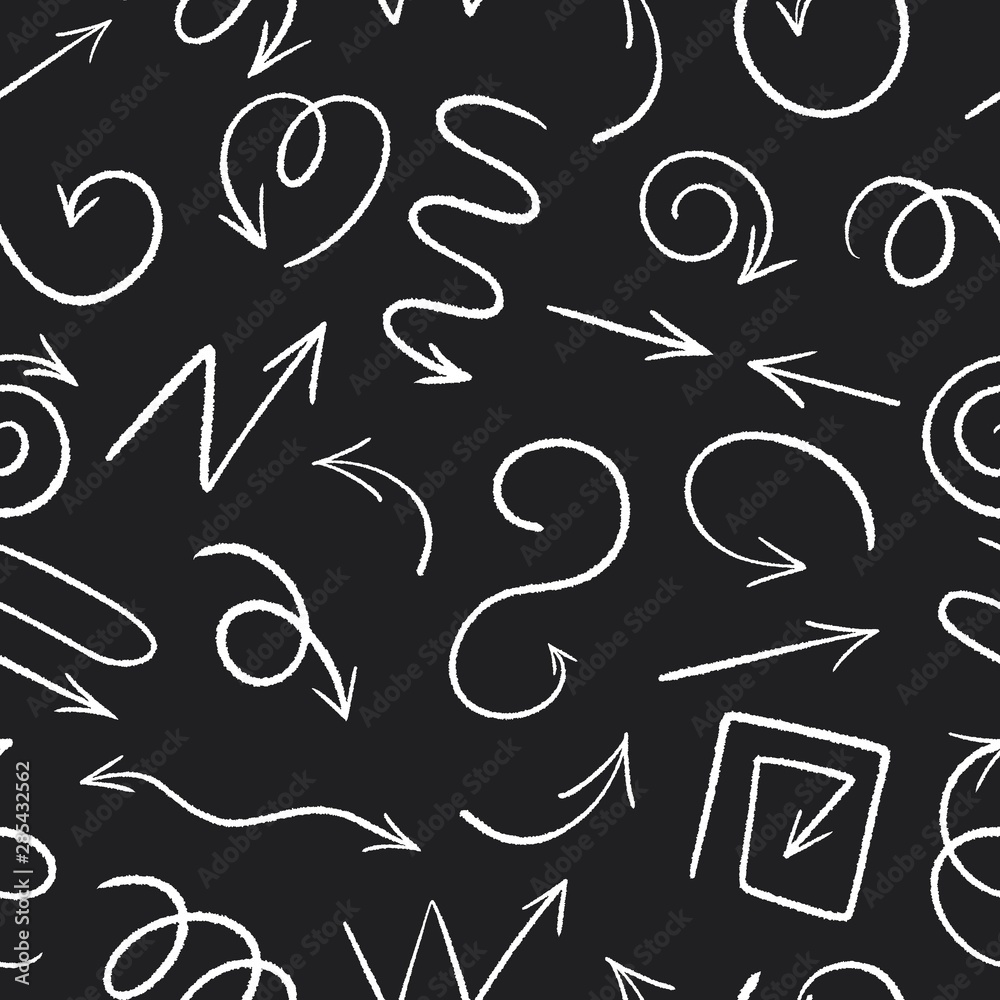 Vector seamless pattern with hand drawn arrows on dark chalk board background. Abstract different white grunge arrows. Collection of doodle decor elements for design, concept, template, print.