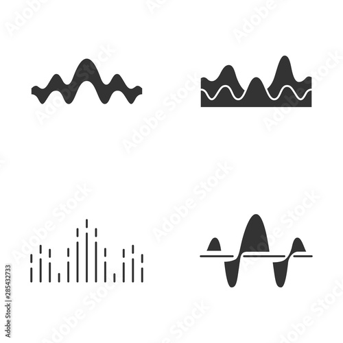 Sound waves glyph icons set. Silhouette symbols. Noise, vibration frequency. Volume, equalizer level wavy lines. Music waves, rhythm. Digital curve soundwaves logotype. Vector isolated illustration