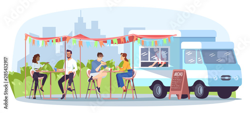 Street food cafe flat vector illustration. Ready takeaway meal restaurant. Summer festival in city park. Food truck, vendor, people at tables isolated cartoon characters on white background