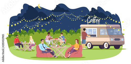 Street food restaurant flat vector illustration. Summer city festival. Coffee point truck, resting visitors. People eating, chatting in park cafe isolated cartoon characters on white background