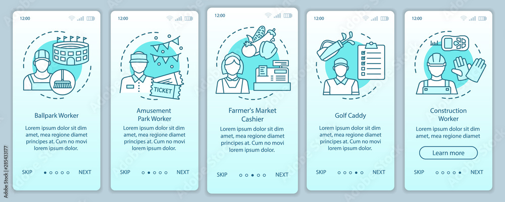 Summer part-time jobs turquoise onboarding mobile app page screen vector template. Cashier, caddy. Walkthrough website steps with linear illustrations. UX, UI, GUI smartphone interface concept