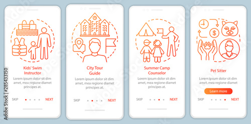 Summer part-time jobs orange onboarding mobile app page screen vector template. Swim instructor. Walkthrough website steps with linear illustrations. UX, UI, GUI smartphone interface concept