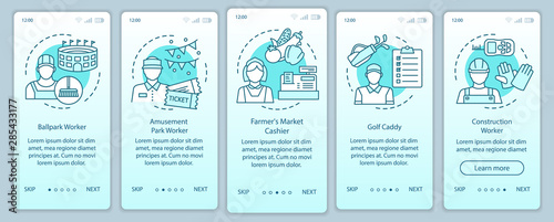 Fotografie Summer part-time jobs turquoise onboarding mobile app page screen vector template