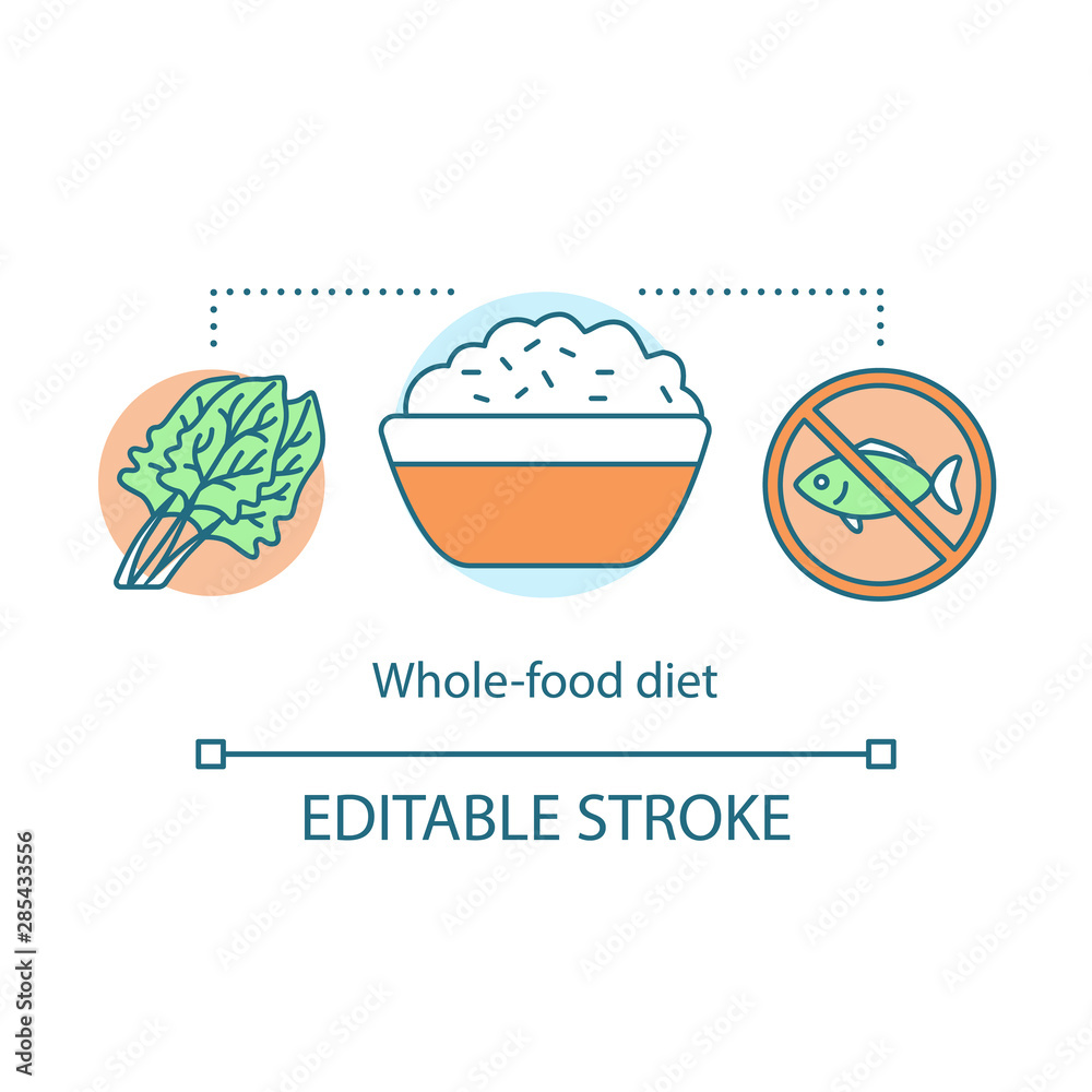 Whole food diet, weight loss concept icon. Vegan lifestyle idea thin line illustration. Vegetarian nutrition. Salad leaves, rice and fish rejection vector isolated outline drawing. Editable stroke Whole food diet, weight loss concept icon. Vegan lifestyle idea thin line illustration. Vegetarian nutrition. Salad leaves, rice and fish rejection vector isolated outline drawing. Editable stroke