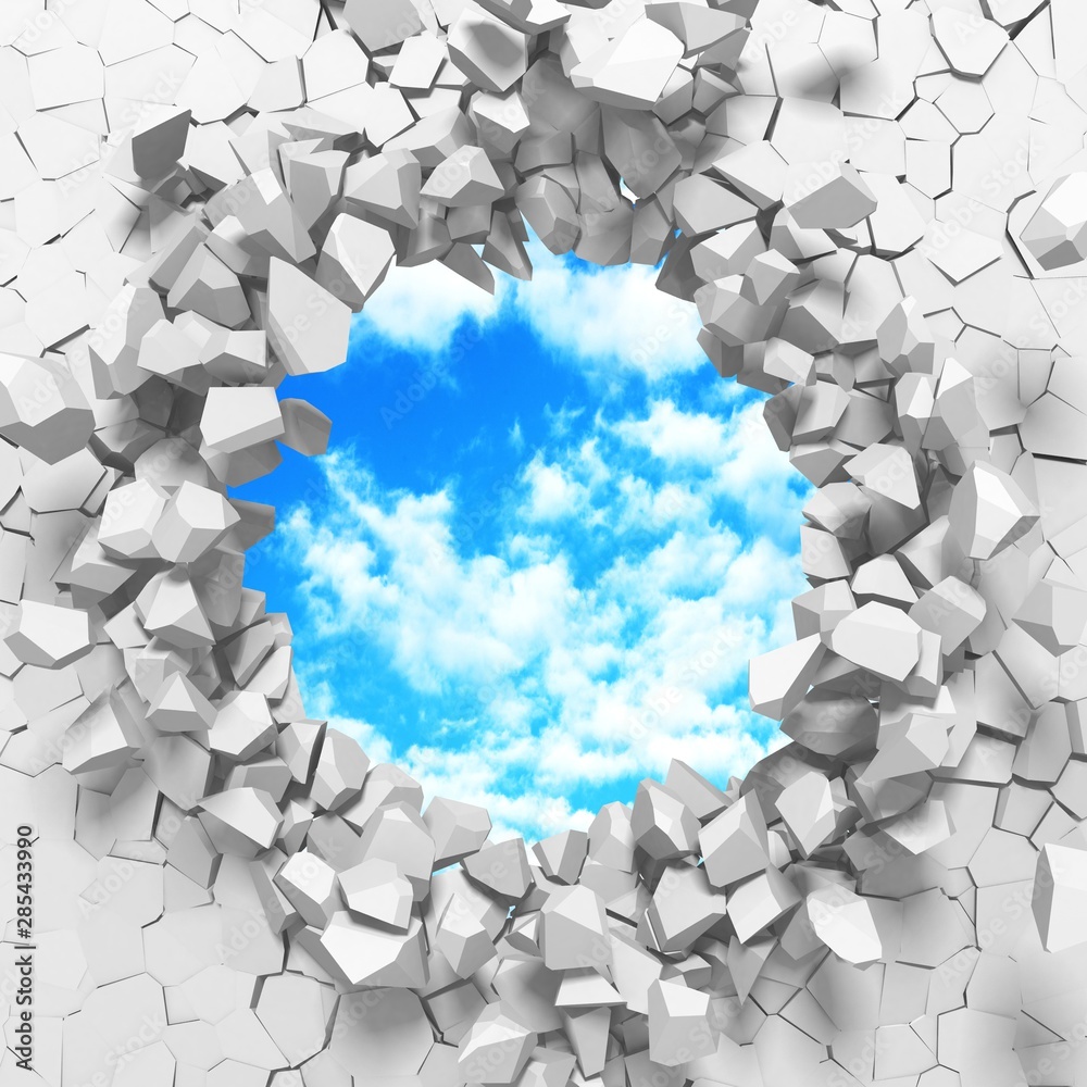 Fototapeta premium Сracked broken hole in white wall to cloudy sky