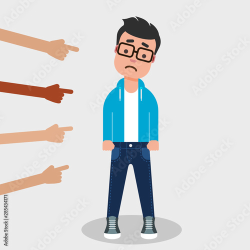 Mocking concept. Being bullied at school or work. People finger pointing at the young boy or man. Peer Violence and Bullying, Misfit boy, social anxiety concept. Vector illustration, flat  