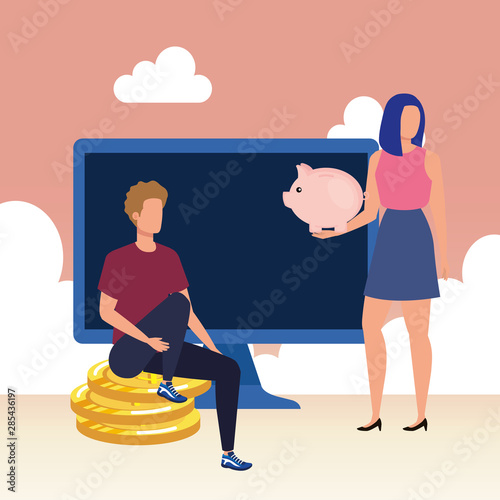 couple with desktop and coins