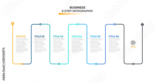 Thin line minimal infographic template. Timeline with 6 steps, options and marketing. Vector illustration. Can be used for business process diagram, info chart, graph, presentations.