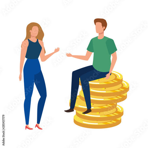 young couple with coins money avatars characters