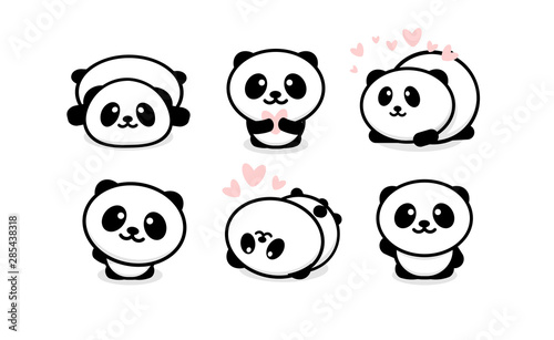 Fototapeta Zestaw przyjaznych i uroczych pand. Zestaw ikon chiński niedźwiedź. Kolekcja szablonów logo kreskówka panda. Ilustracja na białym tle wektor
