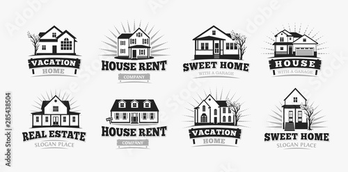 Villas icons, classic american village house architecture. Logo template for real estate agent, sale and rental, restore and repair business.