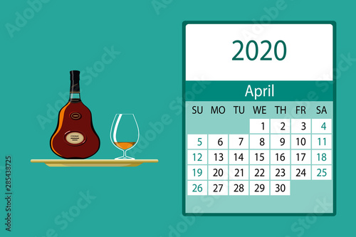 Calendar 2020. April monthly calendar decorated with cute cognac bottle