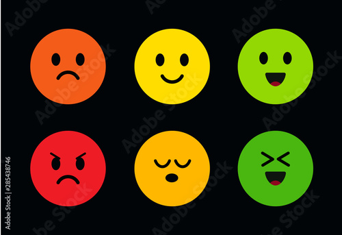 Multi-colored round cute faces with different facial expressions. Icons of face with different moods from evil to good, from happy to sad. Funny and cute emoticons on a black background. Vector icons.