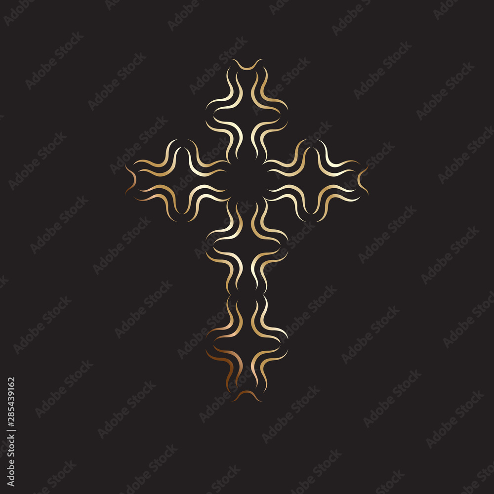 Christian symbol, gold modern cross icon on black background. Church logo template. Isolated vector illustration. Christian symbol, gold modern cross icon on black background. Church logo template. Isolated vector illustration.