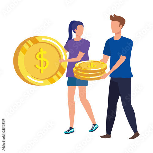 young couple with coins money avatars characters