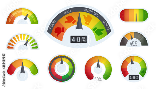 Business meter logos template. Cartoon realistic business indicator icons set with emotional cartoon face. Infographic for business rating and quality control, vector illustration.