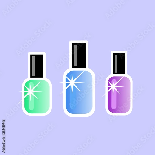 illustration.  Bottles with nail polish. White stroke. Green, blue, purple.