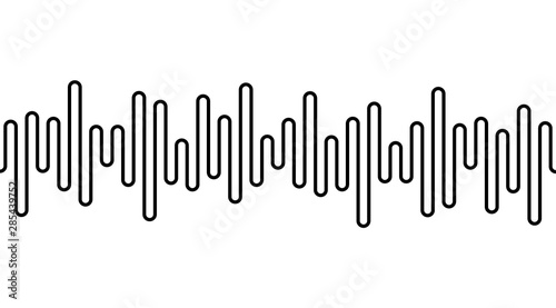 Black curvy line on white background. Radio wave or music equalizer, sound wave. Stylized Cardiogram, interface design for medical equipment, vector illustration.