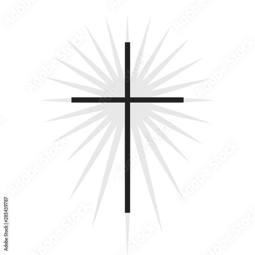 Christian symbol, black thin cross with lighting icon. Church logo template. Isolated vector illustration.
