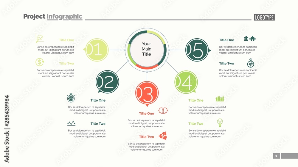 Five points process chart slide template. Business data. Structure ...