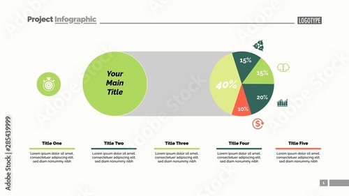 Five sectors pie chart slide template. Business data. Comparison, diagram, design. Creative concept for infographic, presentation, report. Can be used for topics like marketing, finance, analytics.