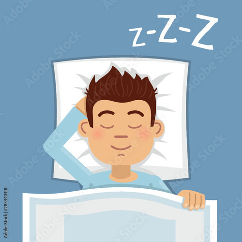 Illustration of a man sleeping in bed. Sleeping man lying on a pillow and dreaming at night. Simple style vector illustration