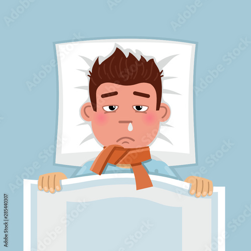 Illustration of a man lying in bed and feeling unwell. Man got sick, catch a cold, flu, influenza. Flat style vector illustration