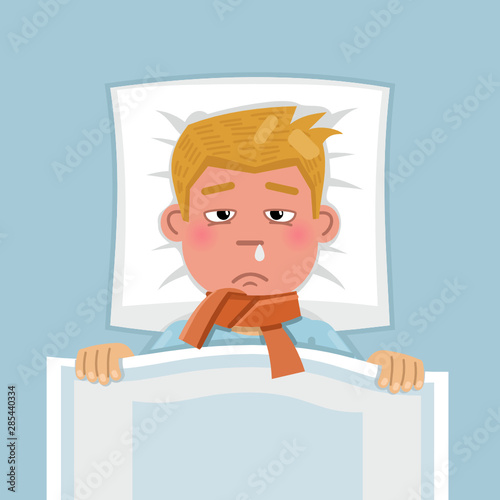 Illustration of a man lying in bed and feeling unwell. Man got sick, catch a cold, flu, influenza. Flat style vector illustration