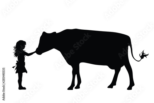 Vector silhouette of girl with cow on white background. Symbol of animal,friends,childhood,farm,