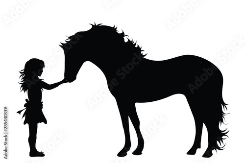 Vector silhouette of girl with horse on white background. Symbol of animal friends childhood pet.