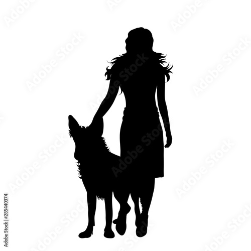 Vector silhouette of woman who walk with her dog on white background. Symbol of animal, pet, friends,walk.