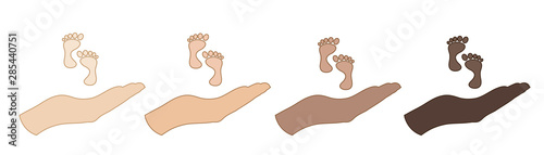 Vector illustration of a hand in a defensive gesture protecting a baby. Symbol of insurance, boy, girl, child,protection, feet.