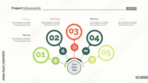 Five steps process chart slide template. Business data. Option, step, design. Creative concept for infographic, presentation, report. Can be used for topics like marketing, teamwork, research.