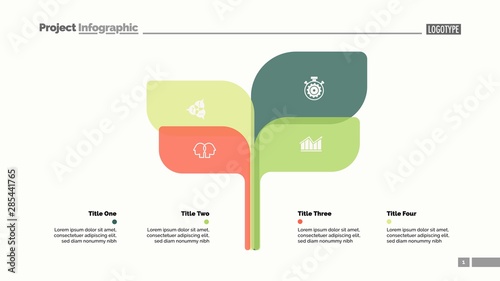 Tree chart slide template with four elements. Business data. Option, process, design. Creative concept for infographic, report. Can be used for topics like research, analytics, marketing