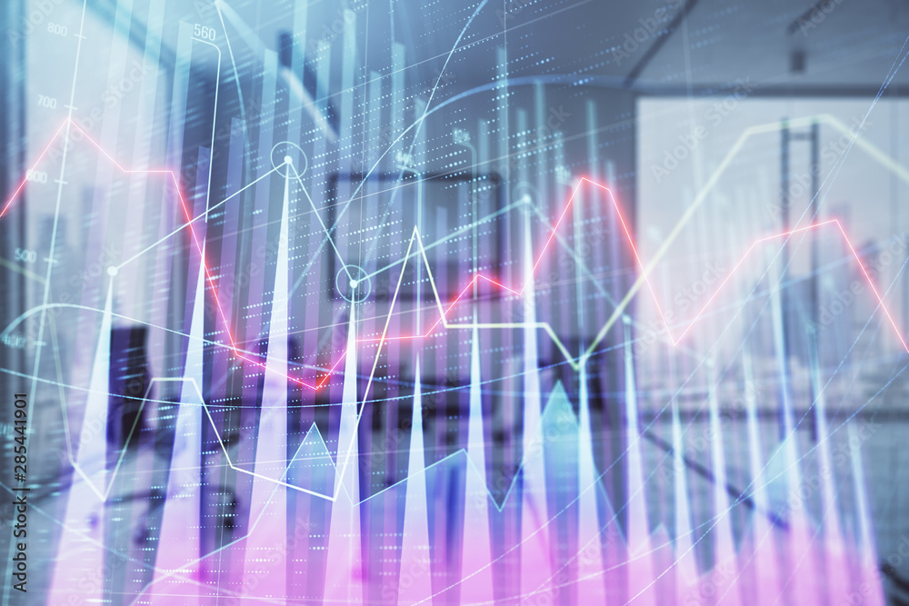 Business theme graph hologram with minimalistic cabinet interior background. Double exposure. Stock market concept. Business theme graph hologram with minimalistic cabinet interior background. Double exposure. Stock market concept.