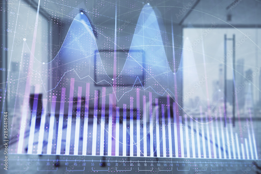 Business theme graph hologram with minimalistic cabinet interior background. Double exposure. Stock market concept. Business theme graph hologram with minimalistic cabinet interior background. Double exposure. Stock market concept.