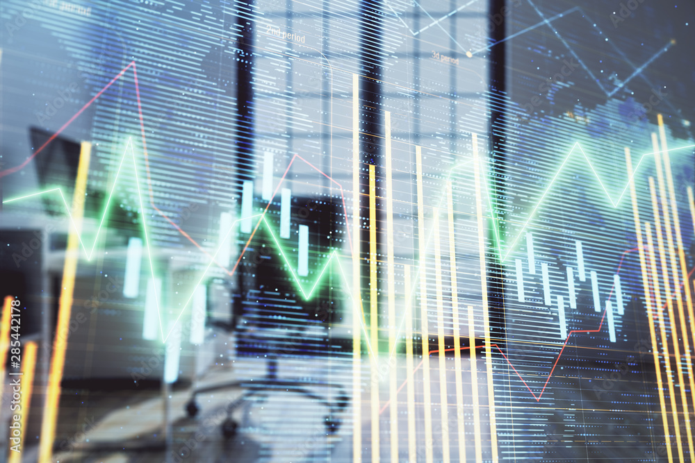 Forex chart hologram with map and minimalistic cabinet interior background. Double exposure. International business concept. Forex chart hologram with map and minimalistic cabinet interior background. Double exposure. International business concept.