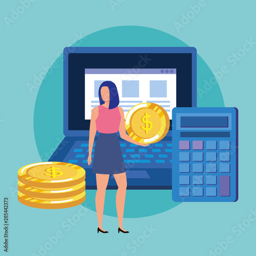 young woman with coins and laptop character