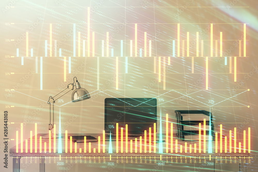 Fototapeta premium Stock market chart and desktop office computer background. Multi exposure. Concept of financial analysis.