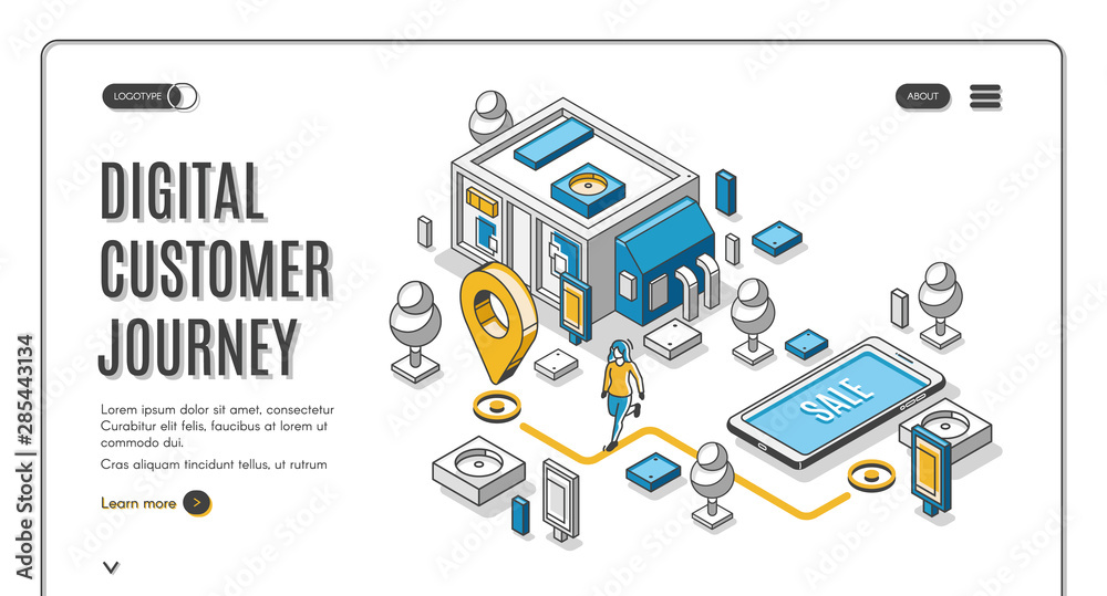 Digital customer journey isometric web banner. Process of purchasing decision map, buyer make purchase moving by specified route, promotion, website. 3d vector illustration, line art, landing page