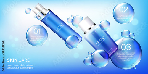 Cosmetic tubes mock up banner, skin care steps routine, beauty cosmetics product bottles on blue background with flying soap air bubbles Lotion, perfume packing design Realistic 3d vector illustration