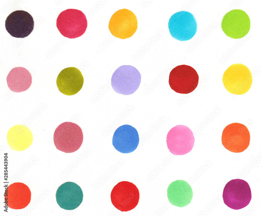 Pattern in multi-colored polka dots on a white background.Hand-drawn with alcohol-based markers