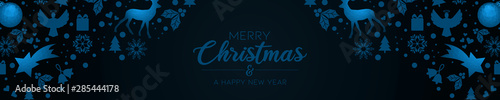Christmas banner - light blue Christmas icons with polygon elements and typography on a dark background