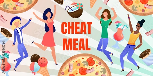 Cheat Meal Abstract Flat Banner with Happy People