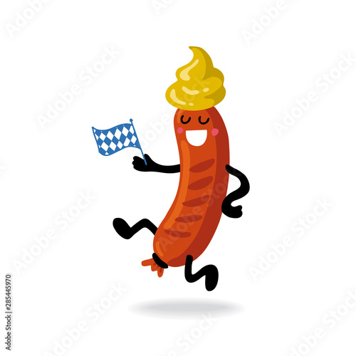 Oktoberfest- german beer festival in munich. Vintage food poster cartoon design. Funny kawaii sausage with mustard dance and holding the flag of Bavarian. Template flat vector illustration
