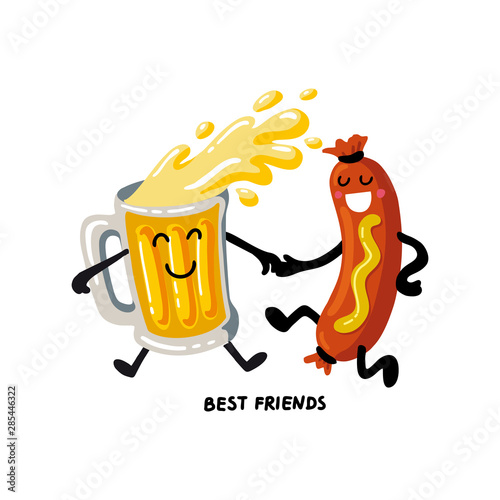 Oktoberfest- german beer festival in munich. Vintage food poster cartoon design. Kawaii characters beer and sausage dance. Template flat vector illustration for menu, card, print.