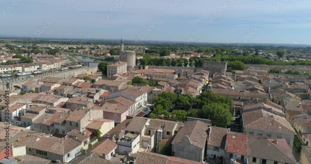 Aigues-Mortes, aerial approach, Gard, France Aigues-Mortes, aerial approach, Gard, France